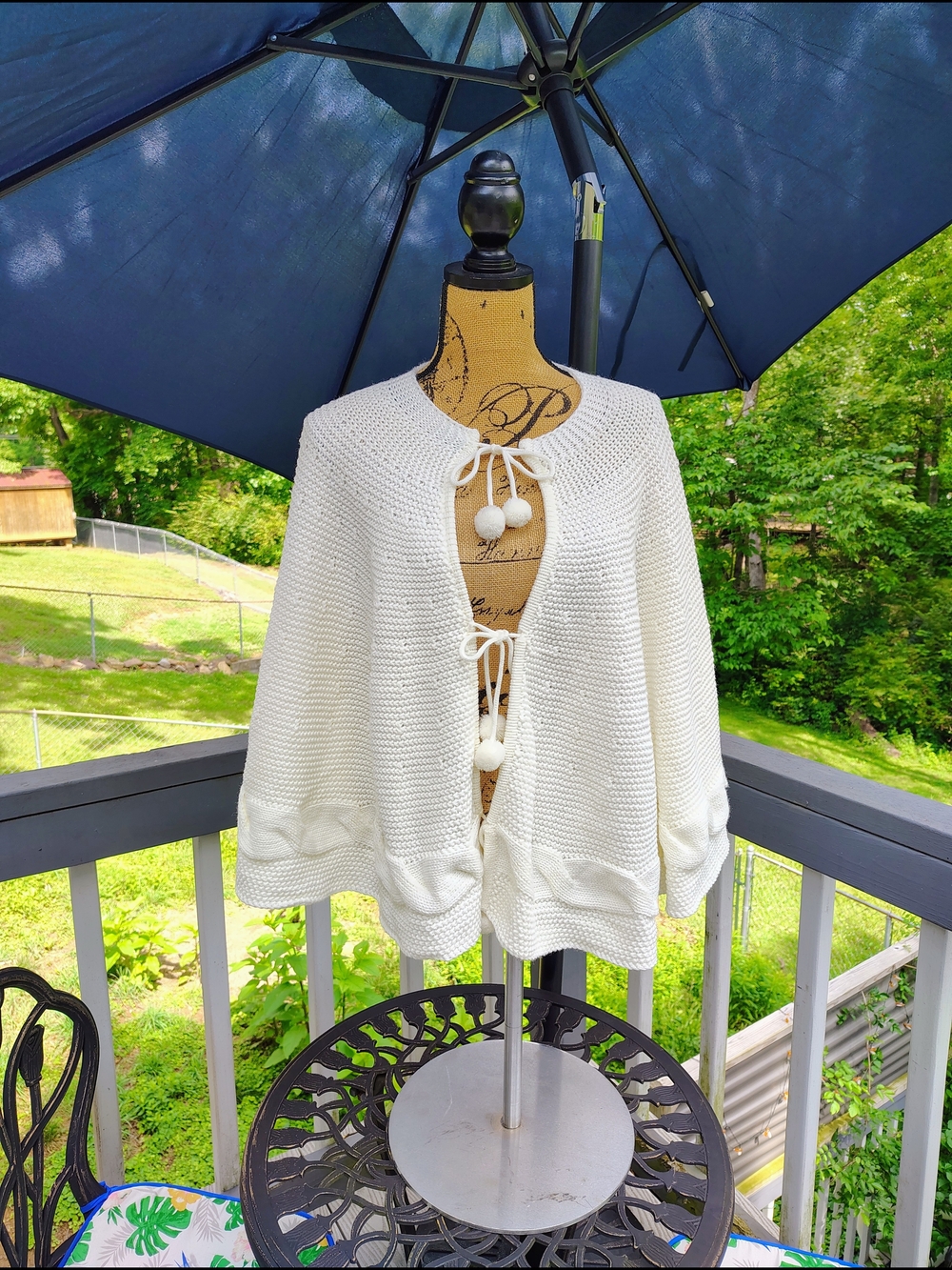 Cozy White Pom-Tie Knit Sweater Cardigan